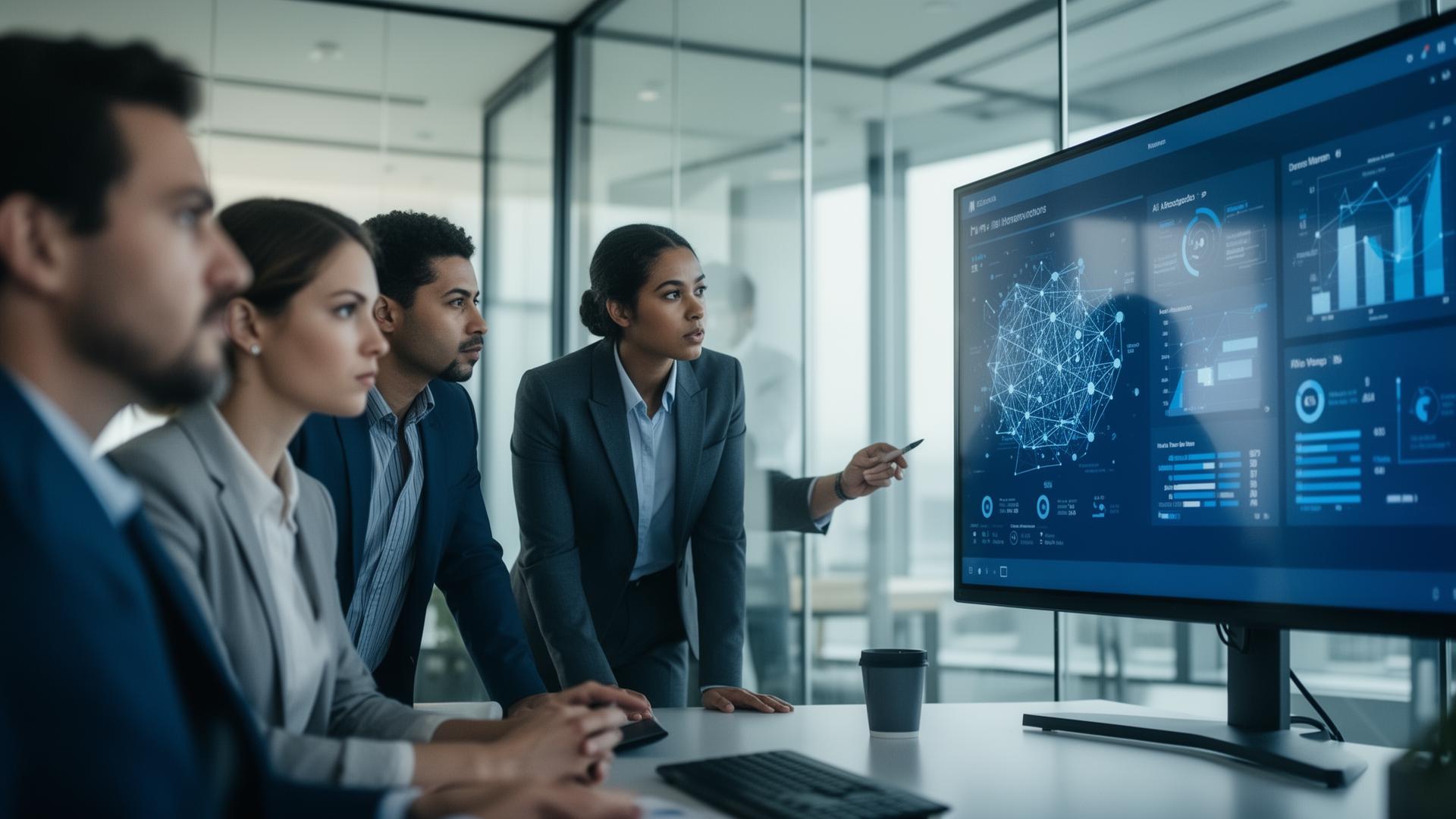 Equipo ejecutivo analizando dashboard de IA