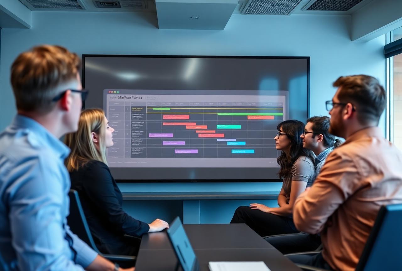 Equipo revisando timeline de proyecto en war room